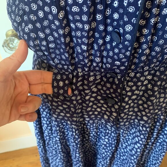VTG 90s navy white button up dress midi maxi pipping pockets European 38 boho - Picture 2 of 7